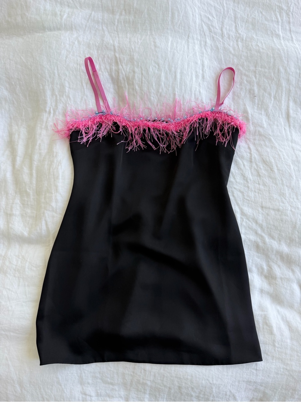 Guizio Black mini dress with Pink Feather Trim
